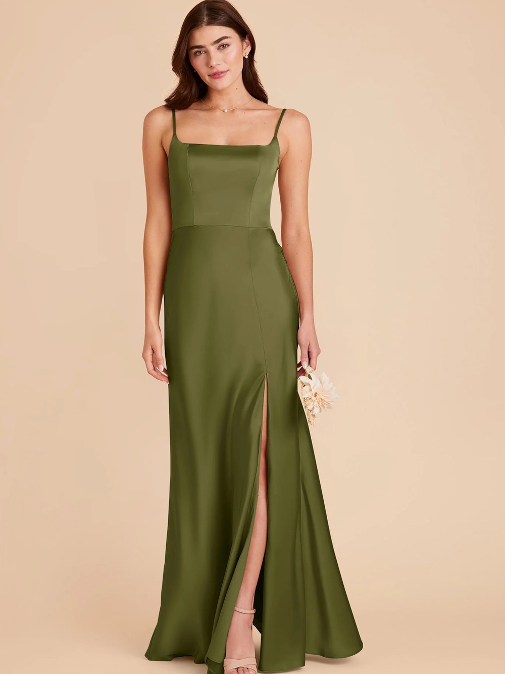 Birdy Grey Mai Matte Satin Martini Green Satin Square-Neck Maxi Dress with Slit